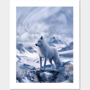 White wolf and antarctic snowy landscape Posters and Art